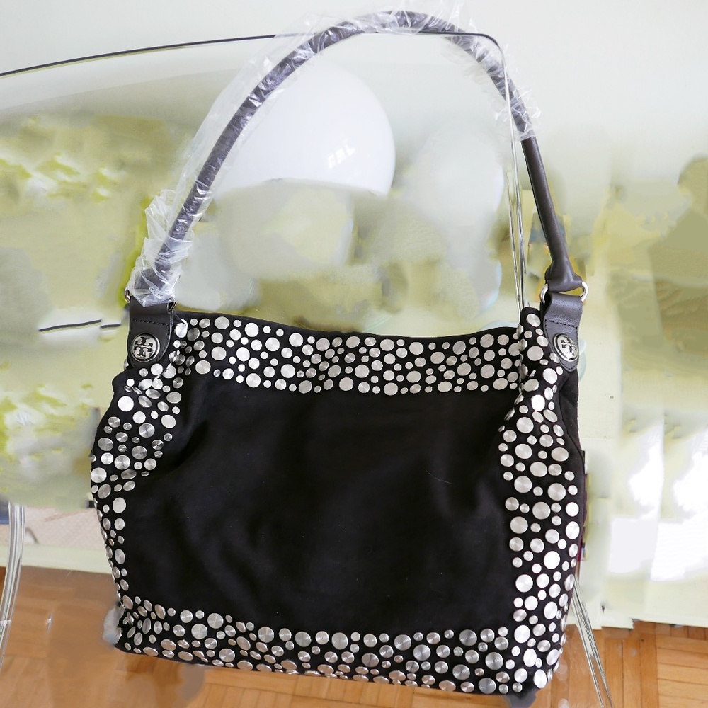 Tory Burch Chocolate Brown Suede Silver Studded Handbag with Dust Bag, Pristine